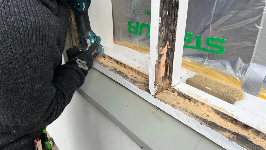 Viðgerð á hvítum viðargluggakarmi með glerið varið með plasti