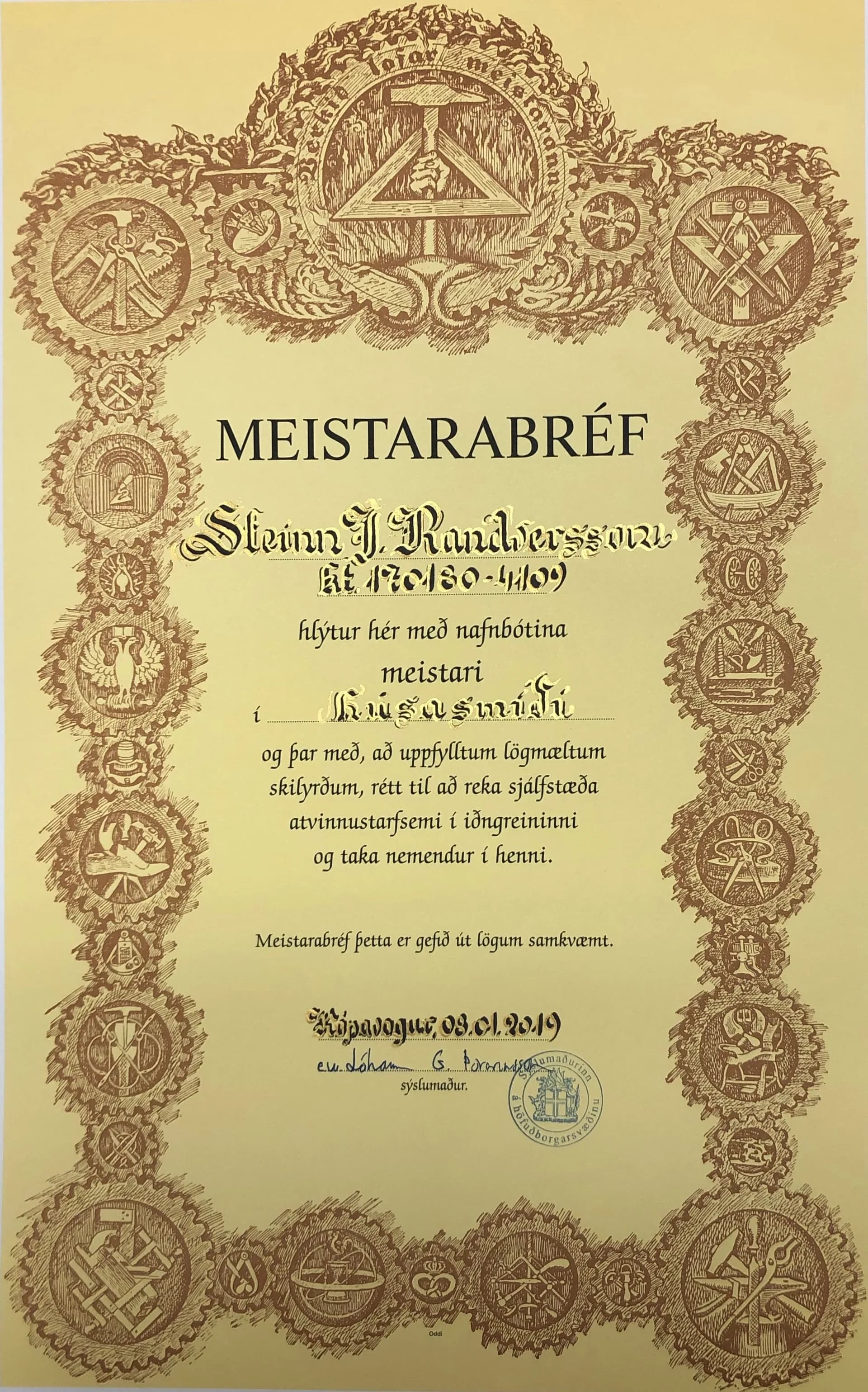 Meistarabréf Steins Jóhanns Randverssonar í húsasmíði.